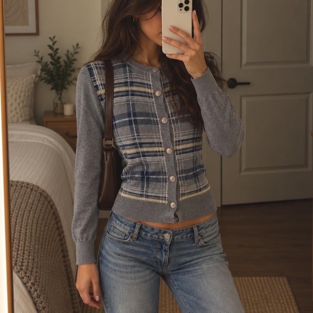 Tommy Hilfiger Plaid Knit Cardigan Sweater Grey Blue Button Up Preppy Y2K Sz S